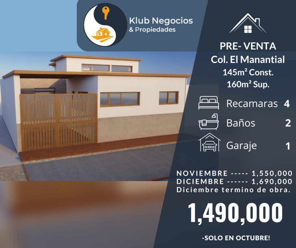 PRE-VENTA CASA DE UN NIVEL COL MANANTIAL